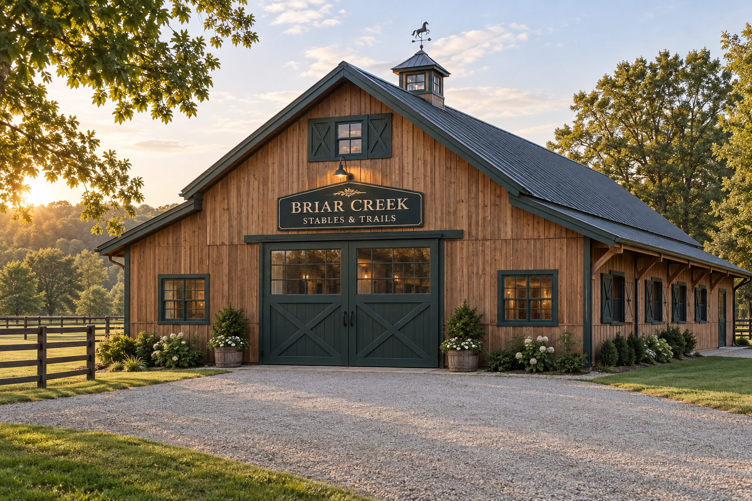 Timber barn with Briar Creek Stables & Trails signage