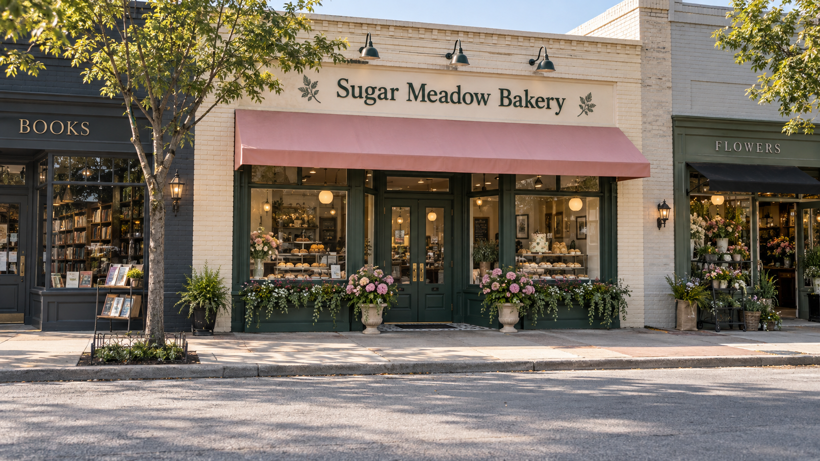 Sugar Meadow Bakery storefront between neighboring shops in Kentucky